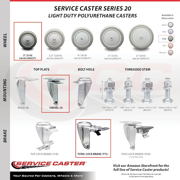 Service Caster 3 Inch SS Gray Polyurethane Top Plate Caster Set Total Lock Brake SCC SCC-SSTTL20S314-PPUB-4 - main